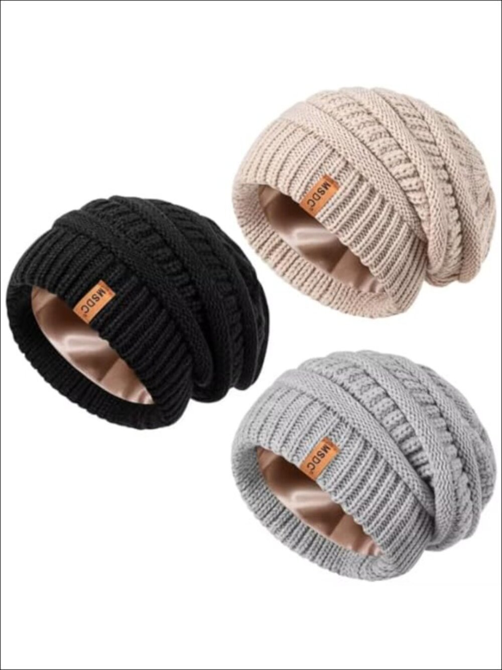3 Pack Satin Lined Beanie Women Warm Slouchy Winter Hat Silk Lined Oversized